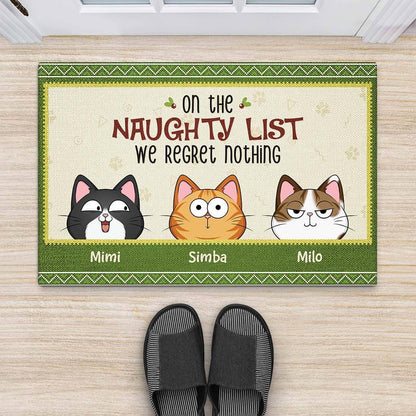 On The Naughty List We Regret Nothing - Personalized Cat Doormat for Christmas Decor