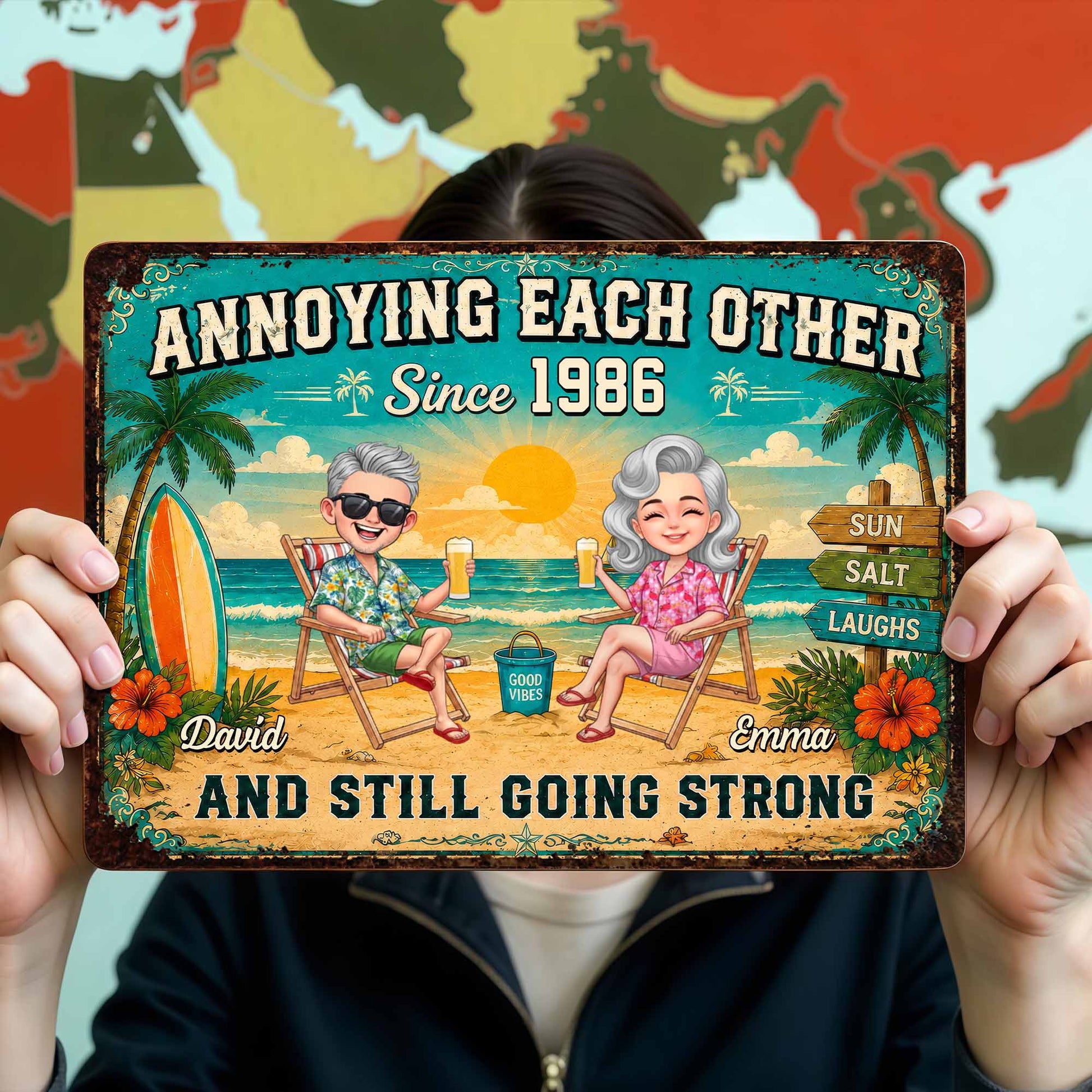 Personalized couple metal sign with funny beach scene illustration and custom names - unique gift for anniversary image 7