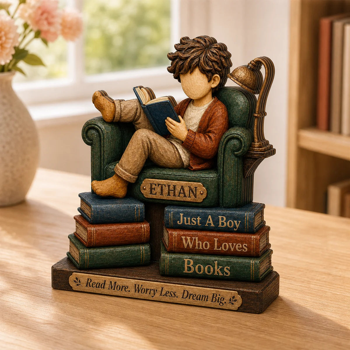 "Just A Boy Who Loves Books" Personalized Wooden Block - Custom Reading Room Decor Keepsake Gift