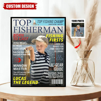 Custom Kids Fishing Magazine Cover Poster for Son/Grandson with personalized design details for meaningful gifting