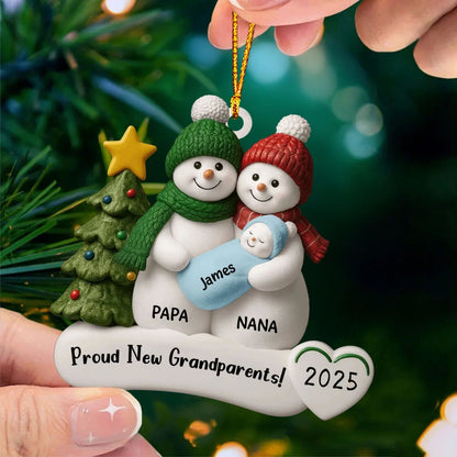 Proud New Grandparents Personalized Acrylic Ornament - Custom Snowman Keepsake Gift for Nana & Papa