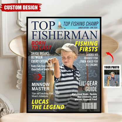 Custom Kids Fishing Magazine Cover Poster for Son/Grandson with personalized design details for meaningful gifting image 6