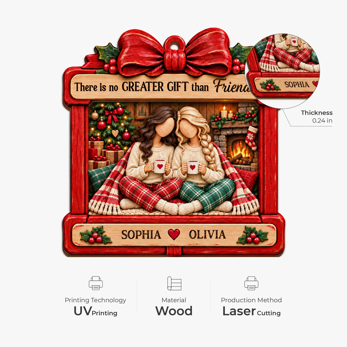 "There Is No Greater Gift Than Friendship" Personalized Wooden Ornament - Christmas Keepsake for Best Friends Sister