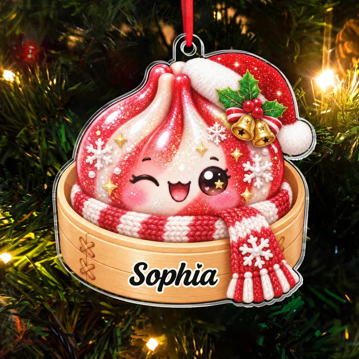 Cozy Steamer Custom Soup Dumpling Acrylic Ornament - Personalized Christmas Keepsake for Kids and Best Friends
