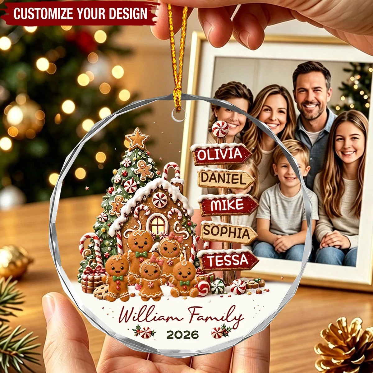 Custom Gingerbread Signpost Family Glass Ornament - Personalized Christmas Keepsake