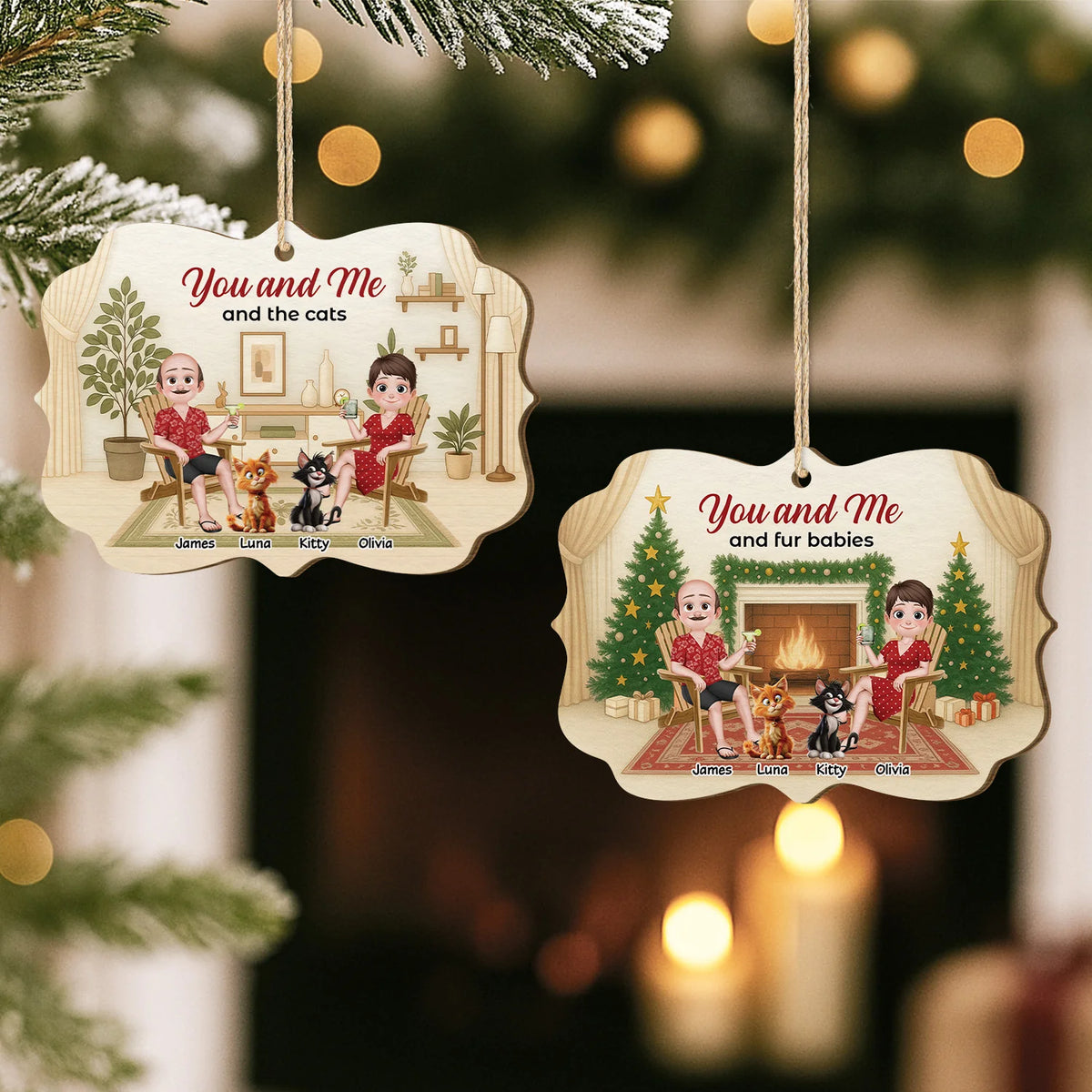 "You And Me And The Cats" Custom Wooden Ornament - Personalized Couple Gift for Cat Lovers