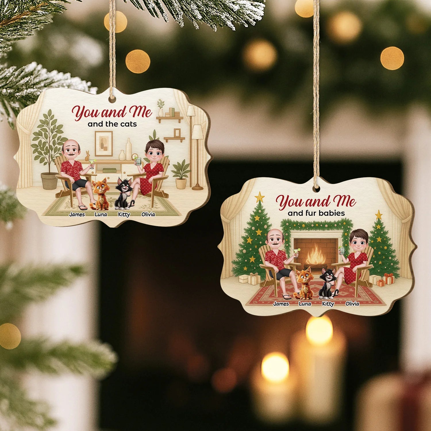 "You And Me And The Cats" Custom Wooden Ornament - Personalized Couple Gift for Cat Lovers