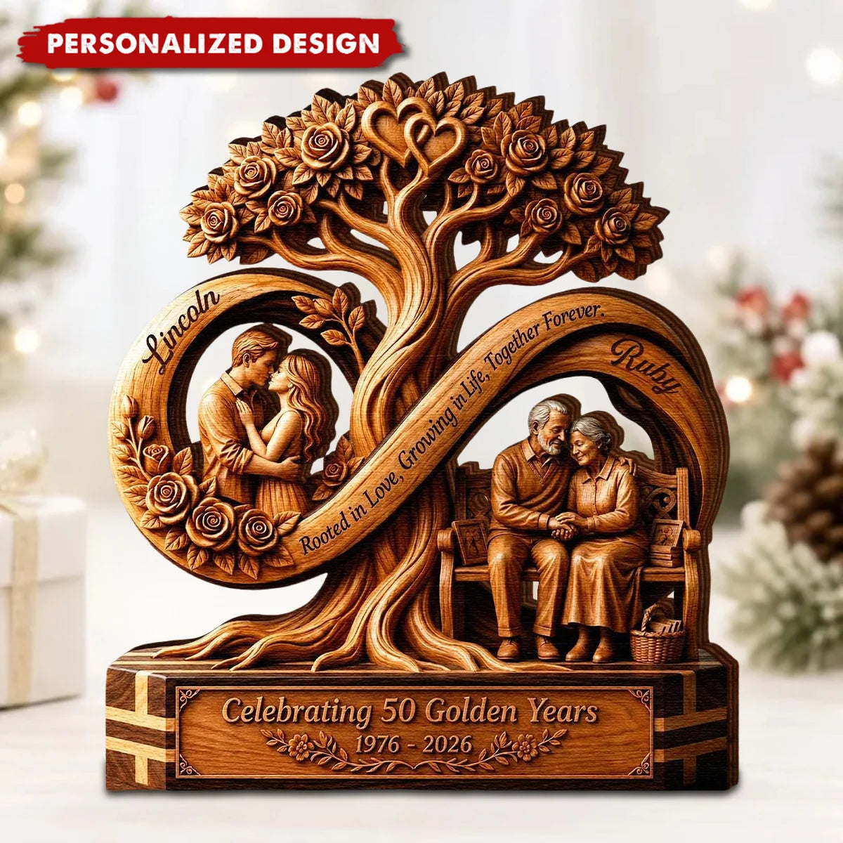 Rooted in Love Personalized Infinity Tree Wooden Block - Custom 50th Anniversary Gift for Couple