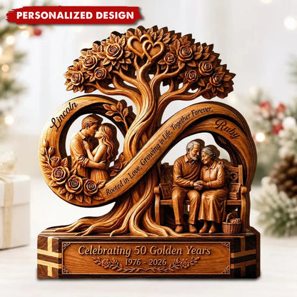Rooted in Love Personalized Infinity Tree Wooden Block - Custom 50th Anniversary Gift for Couple