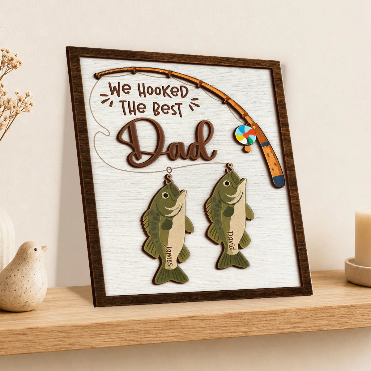 Personalized fishing plaque for dad with custom kids names on wooden bass fish tokens image 7