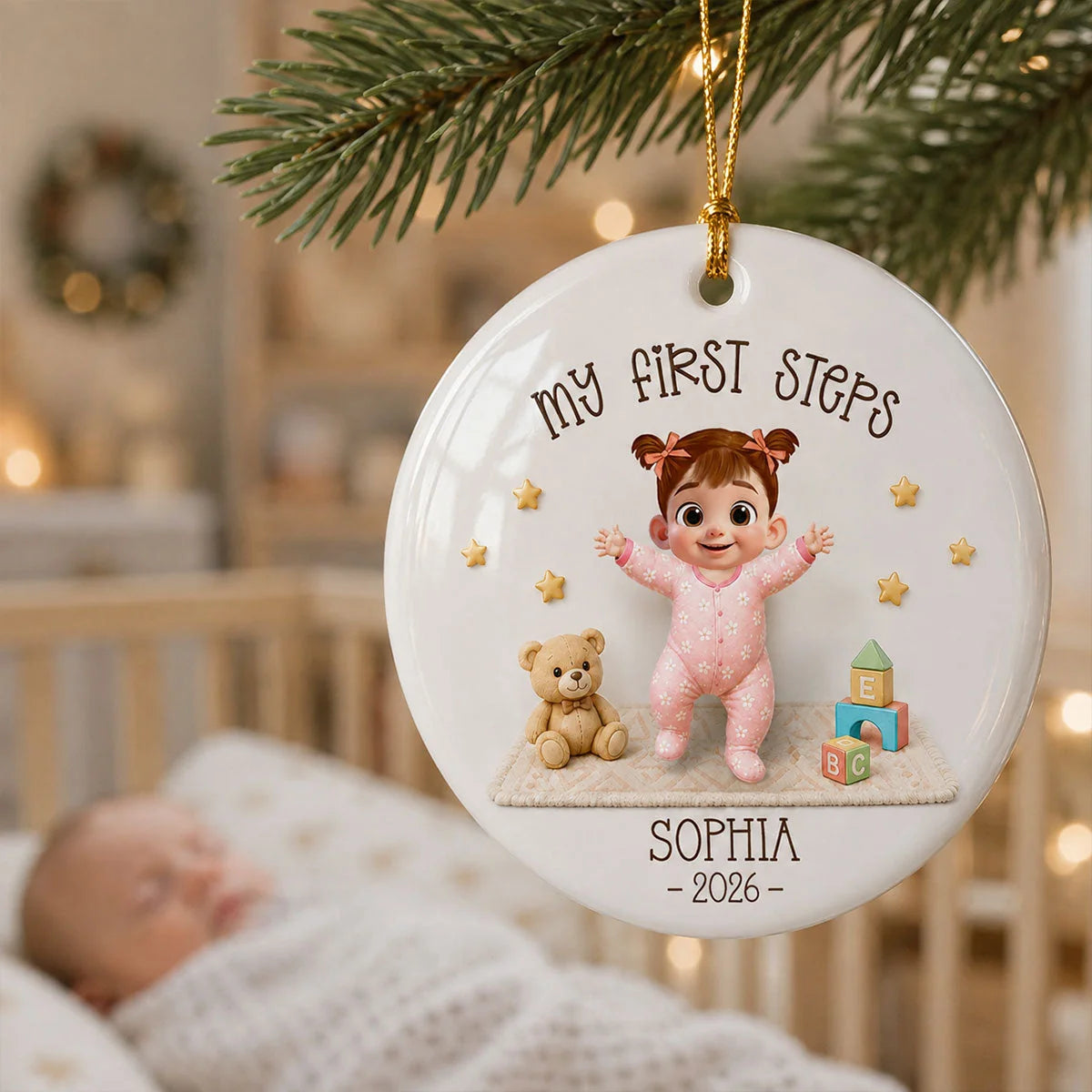 My First Steps Personalized Ceramic Ornament - Custom Baby Learned to Walk Christmas Keepsake