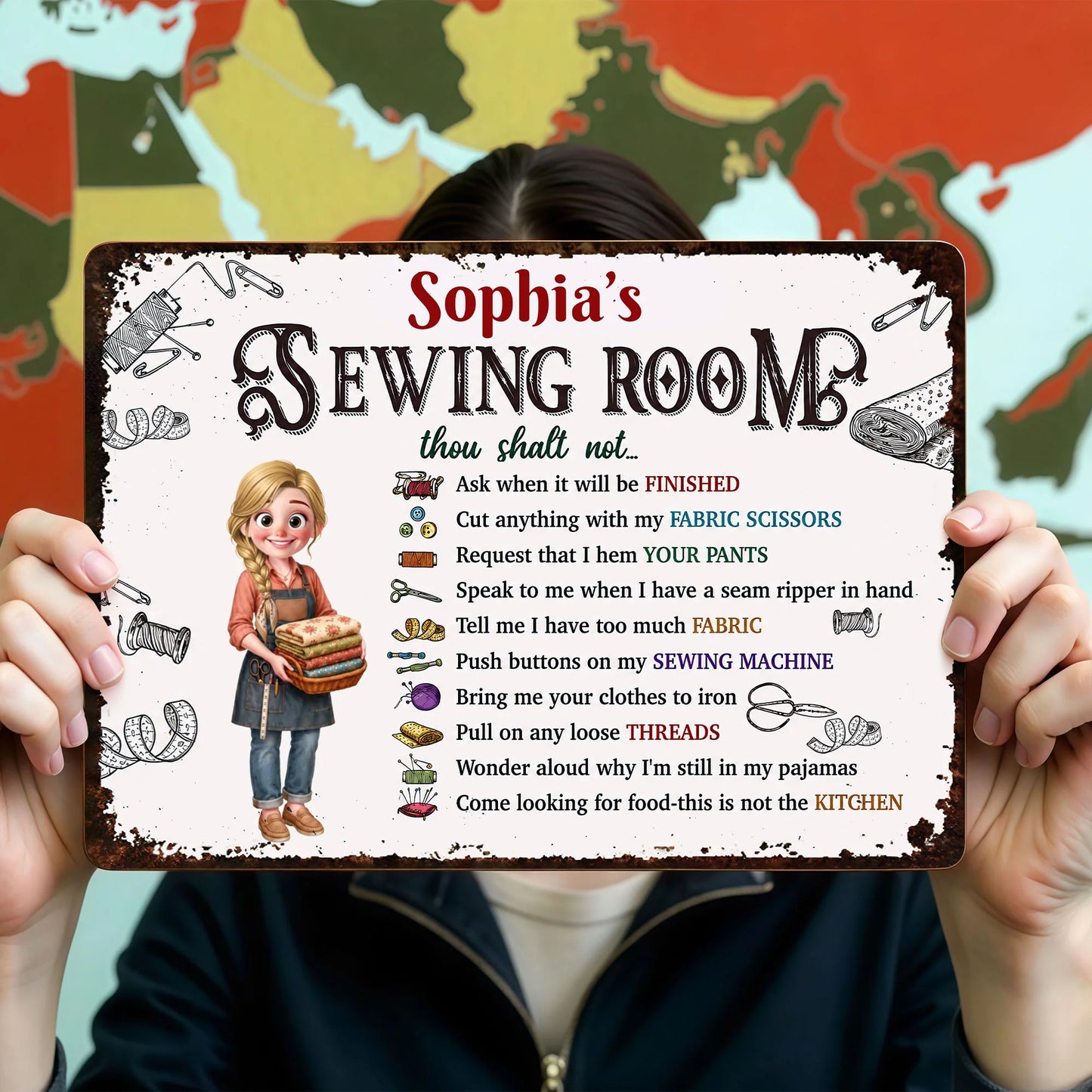 Personalized sewing room rules metal sign with funny rules and custom name for craft room wall decor image 6