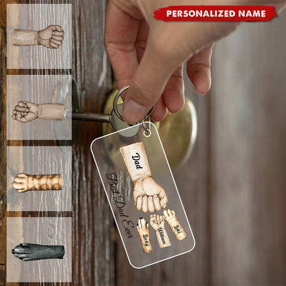 Best Dad Ever Fist Bump Personalized Acrylic Keychain - Custom Gift with Kids & Pet Paws
