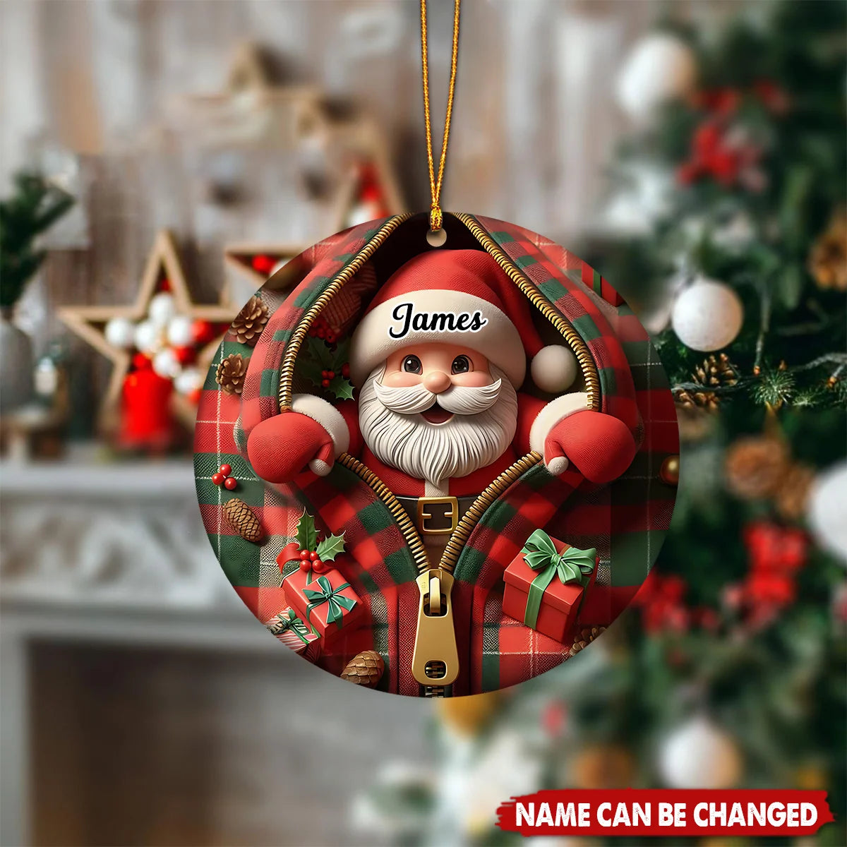 Funny Zipper Plaid Santa Personalized Ceramic Ornament - Christmas Keepsake for Family
