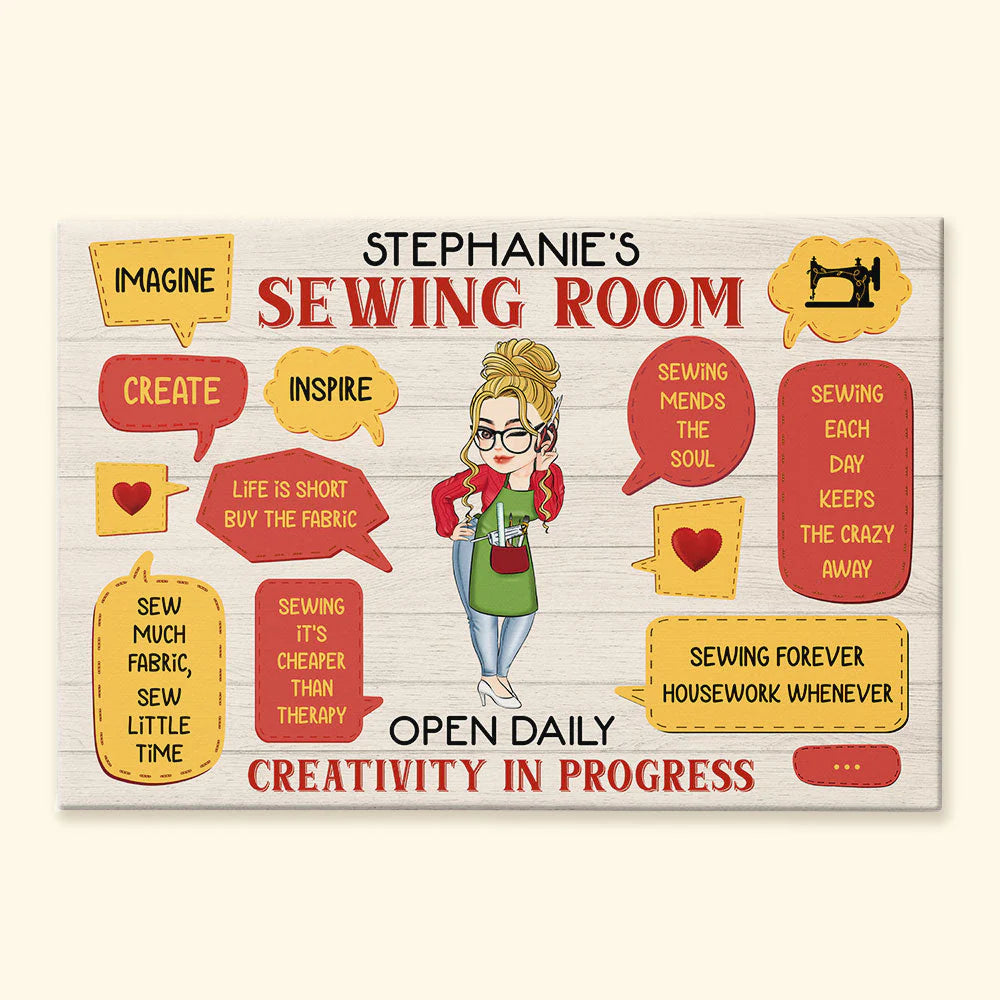Personalized sewing room canvas wall art with custom name and inspirational sewing quotes for craft lovers