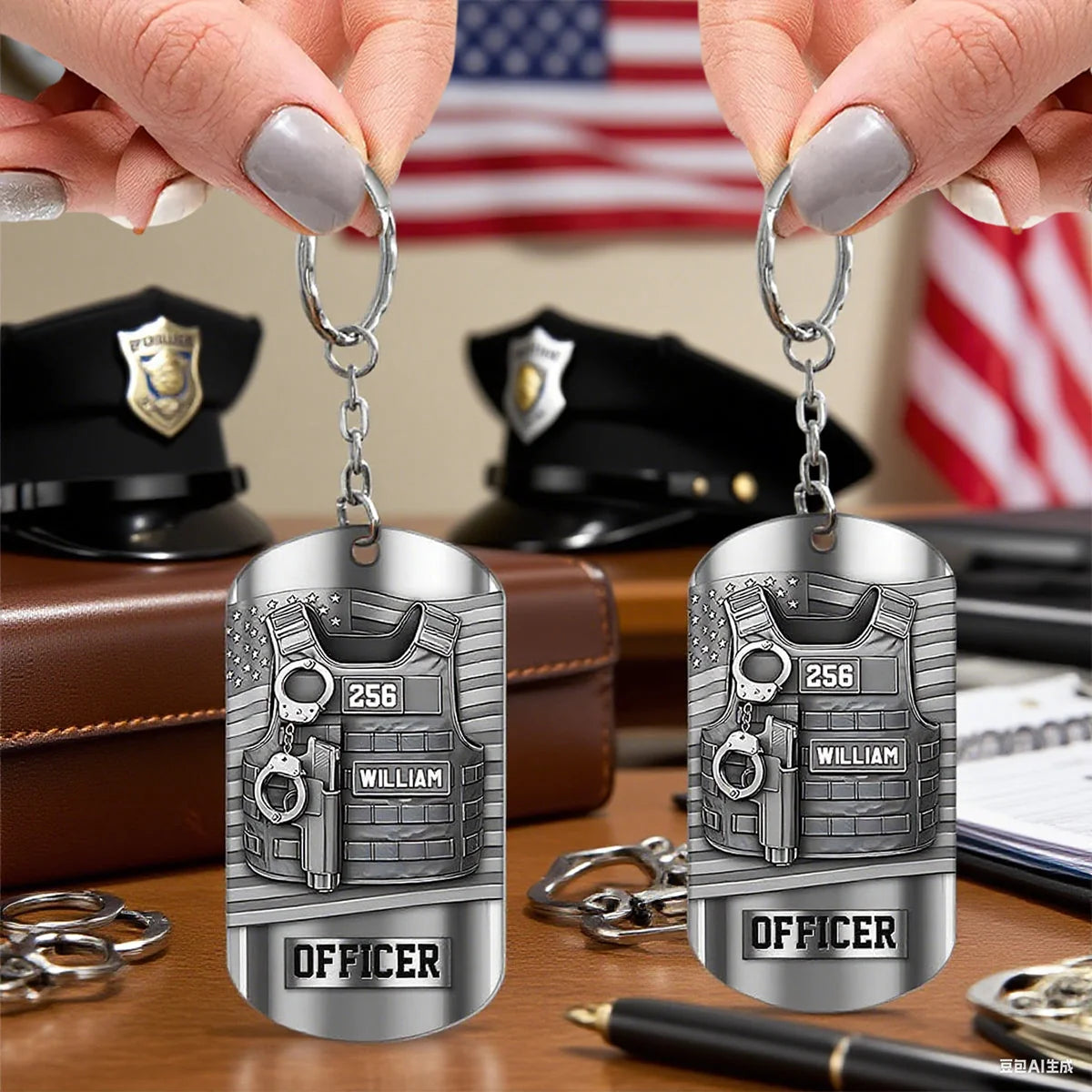 Serve And Protect Personalized Police Officer Metal Keychain - Custom Name Badge Number Keepsake Gift
