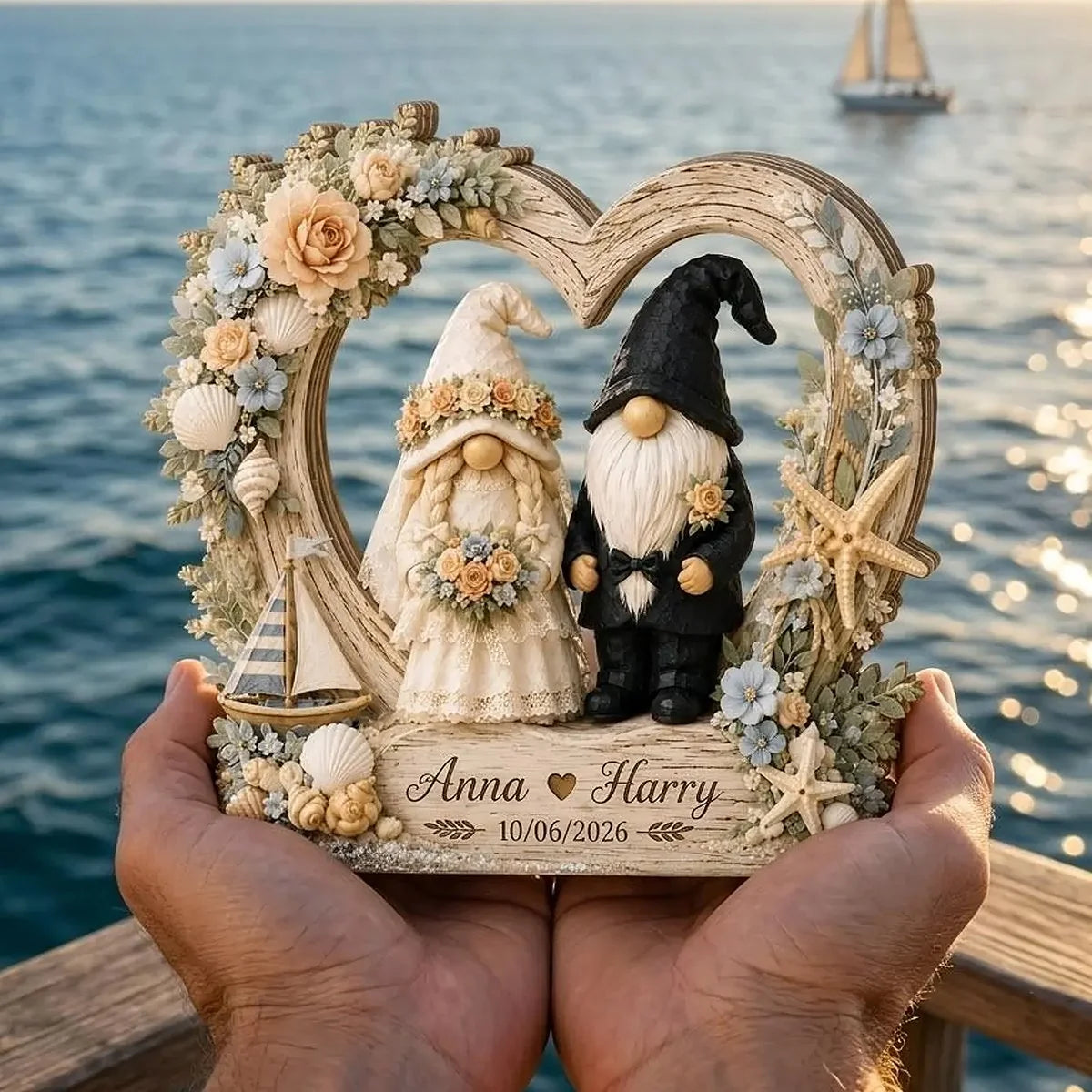 Personalized Coastal Wedding Gnome Wooden Block - Custom Beach Couple Name Keepsake Gift