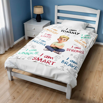 "I Am Enough, Brave & Strong" Personalized Kids Affirmation Blanket - Custom Gift for Boys & Girls