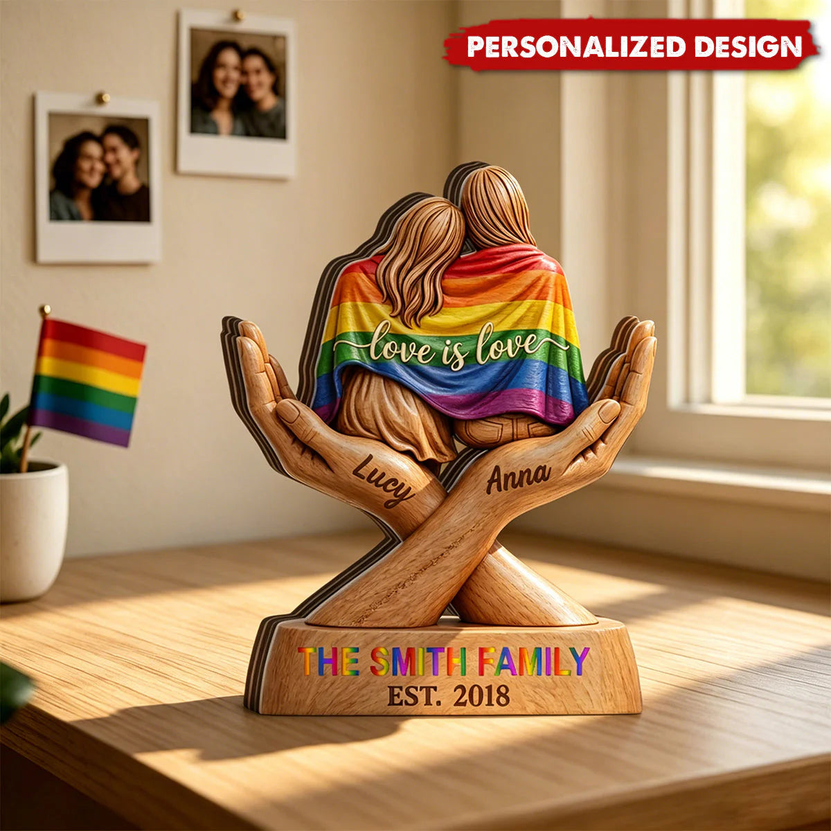 Personalized Pride couple wood plaque with custom names Lucy and Anna wrapped in a rainbow flag