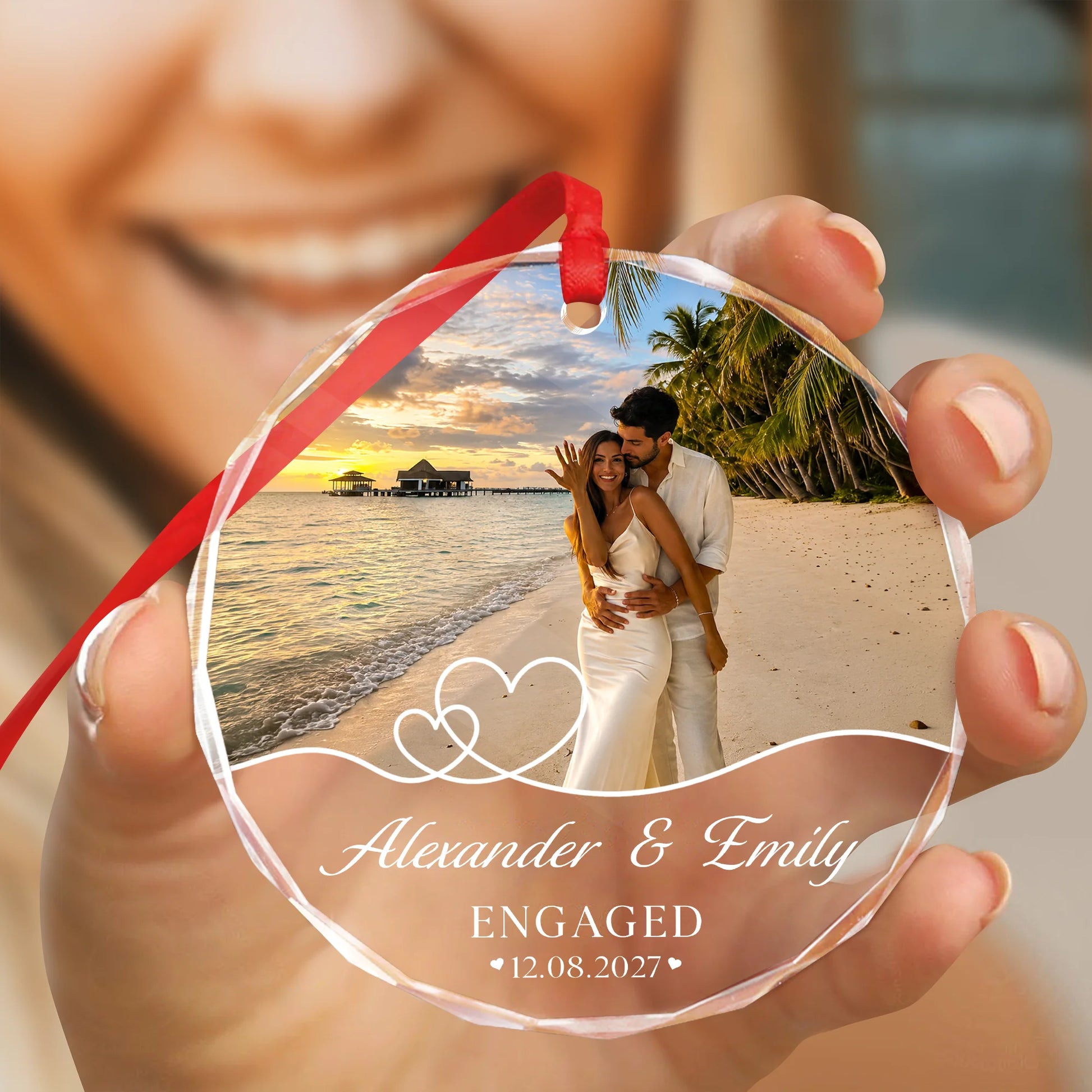 Personalized Engaged Couple Photo Glass Ornament - Custom Engagement Keepsake Christmas Gift