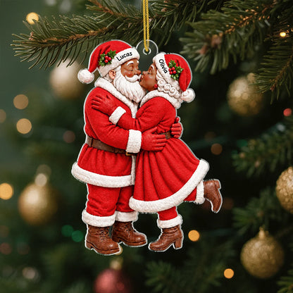 Kissing Santa Couple Personalized Acrylic Ornament - Couples Christmas Keepsake