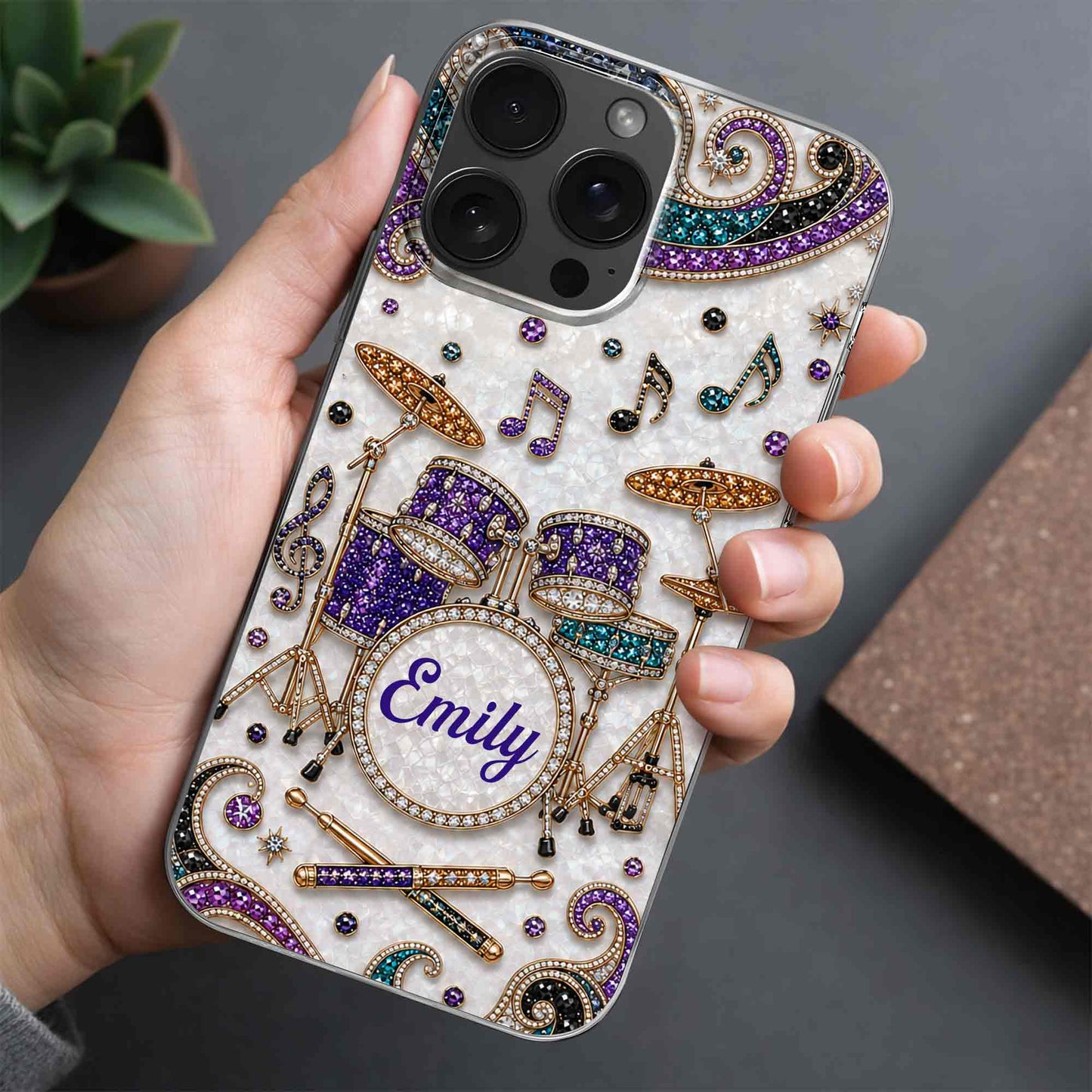 Custom name drum set clear phone case with jewel-embellished music notes for drummers and musicians image 10