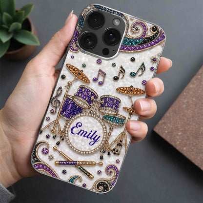 Custom name drum set clear phone case with jewel-embellished music notes for drummers and musicians image 10