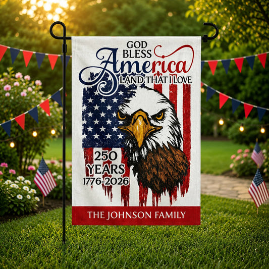 Personalized God Bless America Garden Flag for Family with personalized design details for meaningful gifting