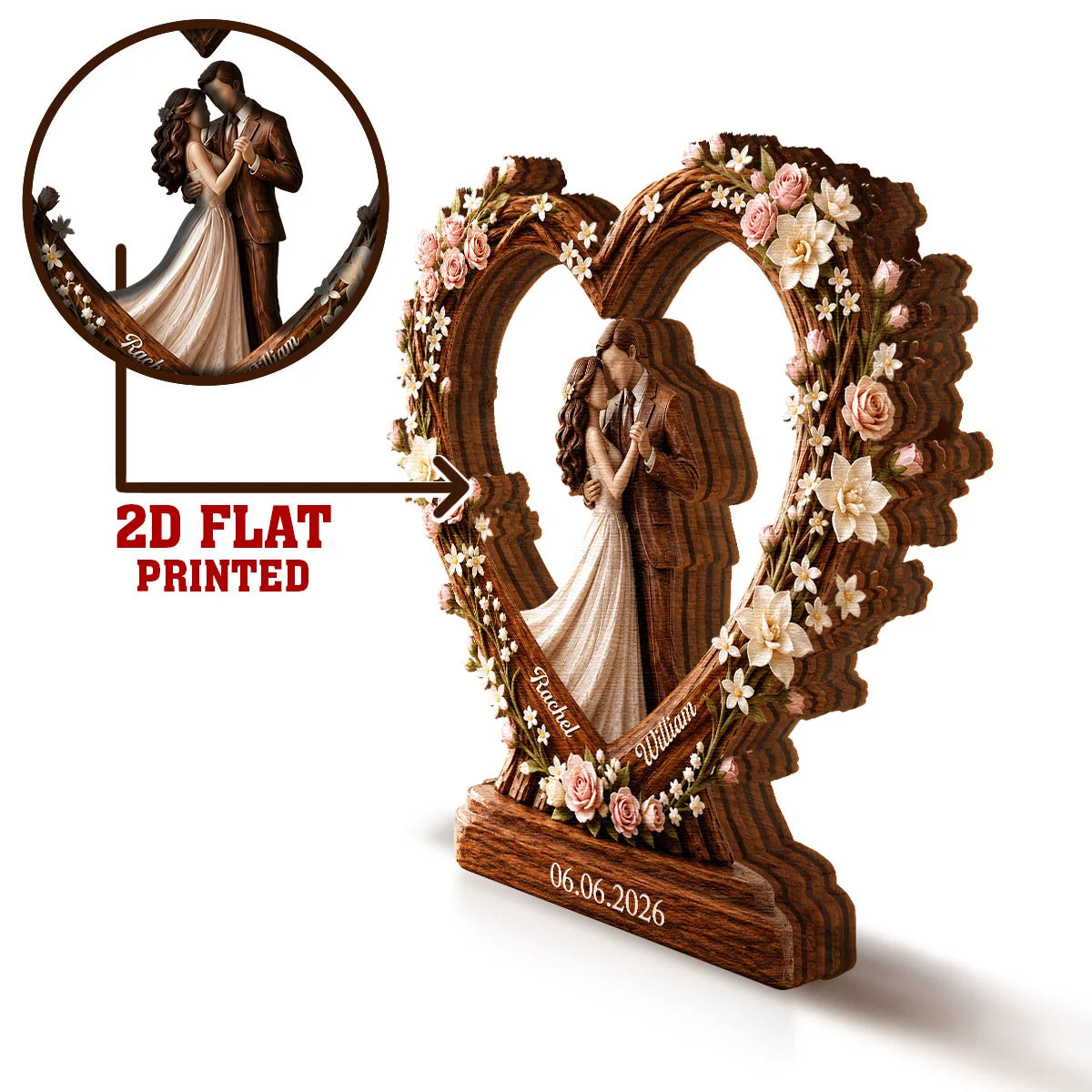 Personalized Wedding Couple Heart Wood Block - Custom Anniversary Gift