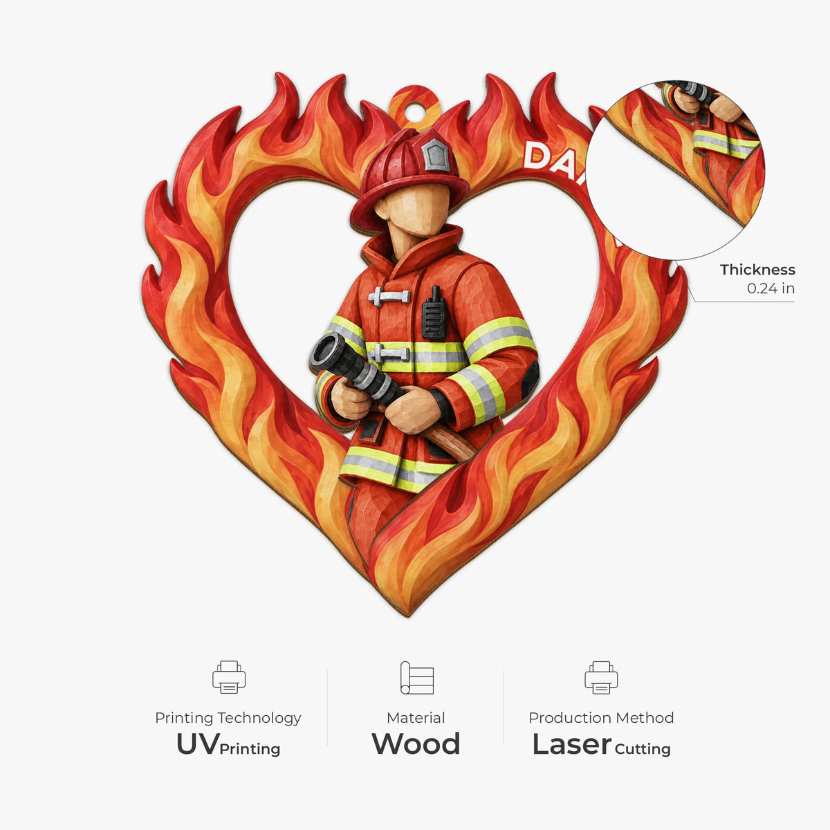 Personalized Firefighter Heart Wood Ornament - Custom Keepsake for Fire Department