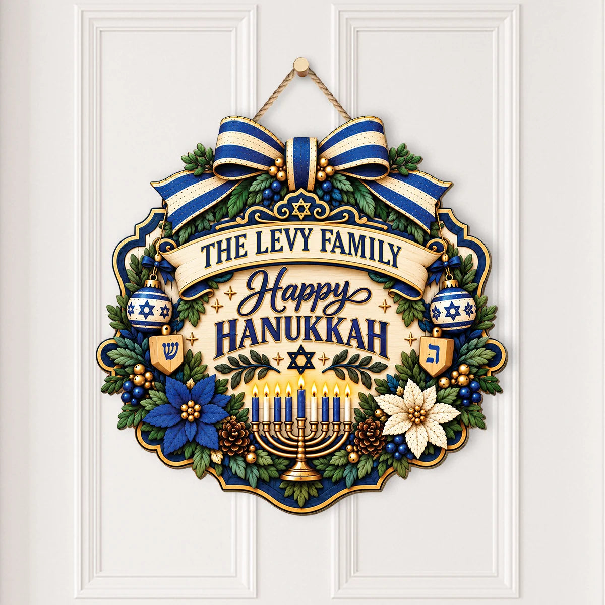 Happy Hanukkah Personalized Wood Sign - Custom Last Name Holiday Door Decor Keepsake for Family