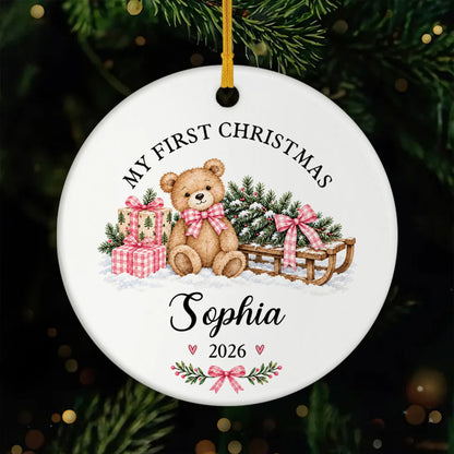 My First Christmas Personalized Ceramic Ornament for Newborn Baby - Custom Teddy Bear Holiday Keepsake Gift