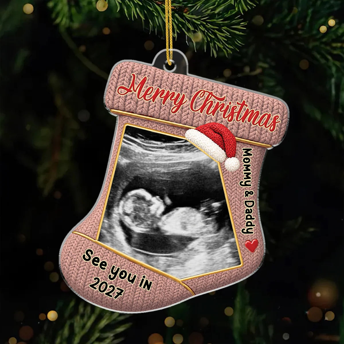 "See You In 2027" Custom Ultrasound Baby Photo Christmas Stocking Acrylic Ornament - Personalized Gifts for Parents-to-Be