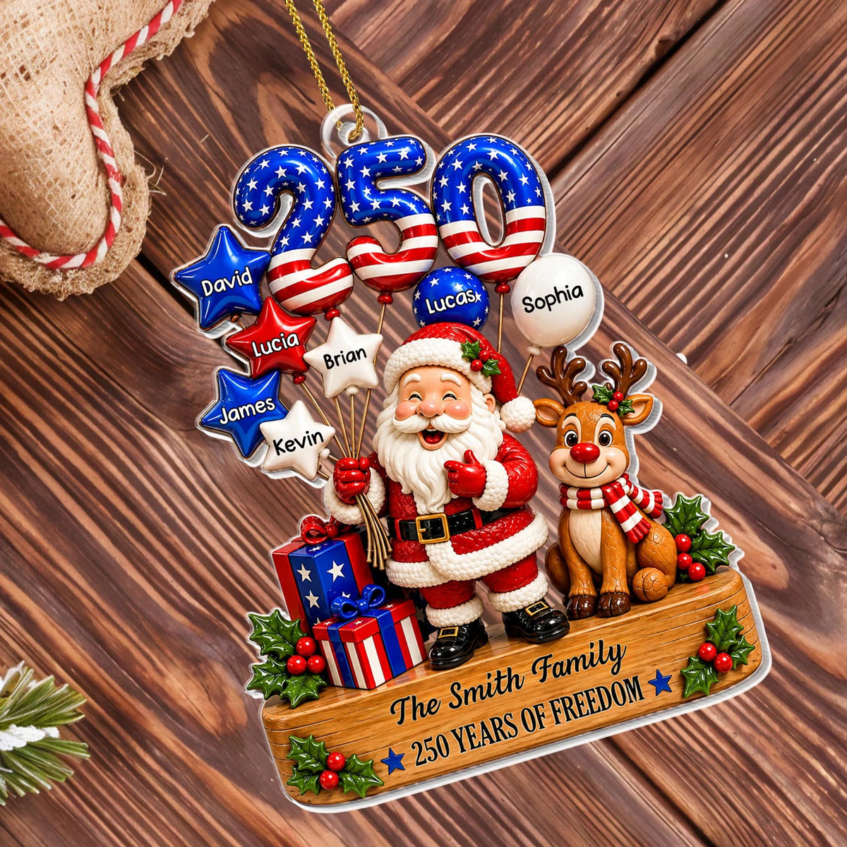"250 Years Of Freedom" Personalized Family Acrylic Ornament - Santa Reindeer Christmas Keepsake