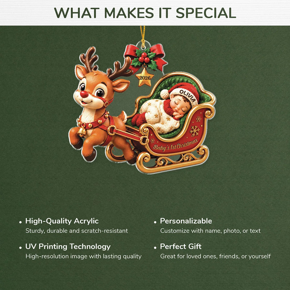 Baby's 1st Christmas - Personalized Reindeer & Sleigh Acrylic Ornament