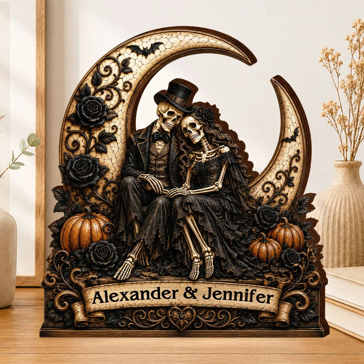 Eternal Skeleton Couple On Moon Personalized Wooden Block - Custom Gothic Halloween Wedding Gift for Couples