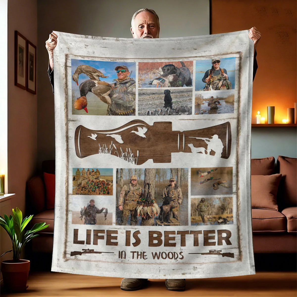 "Life Is Better in the Woods" Custom Hunting Photo Collage Blanket - Personalized Outdoor Gift for Duck Hunters