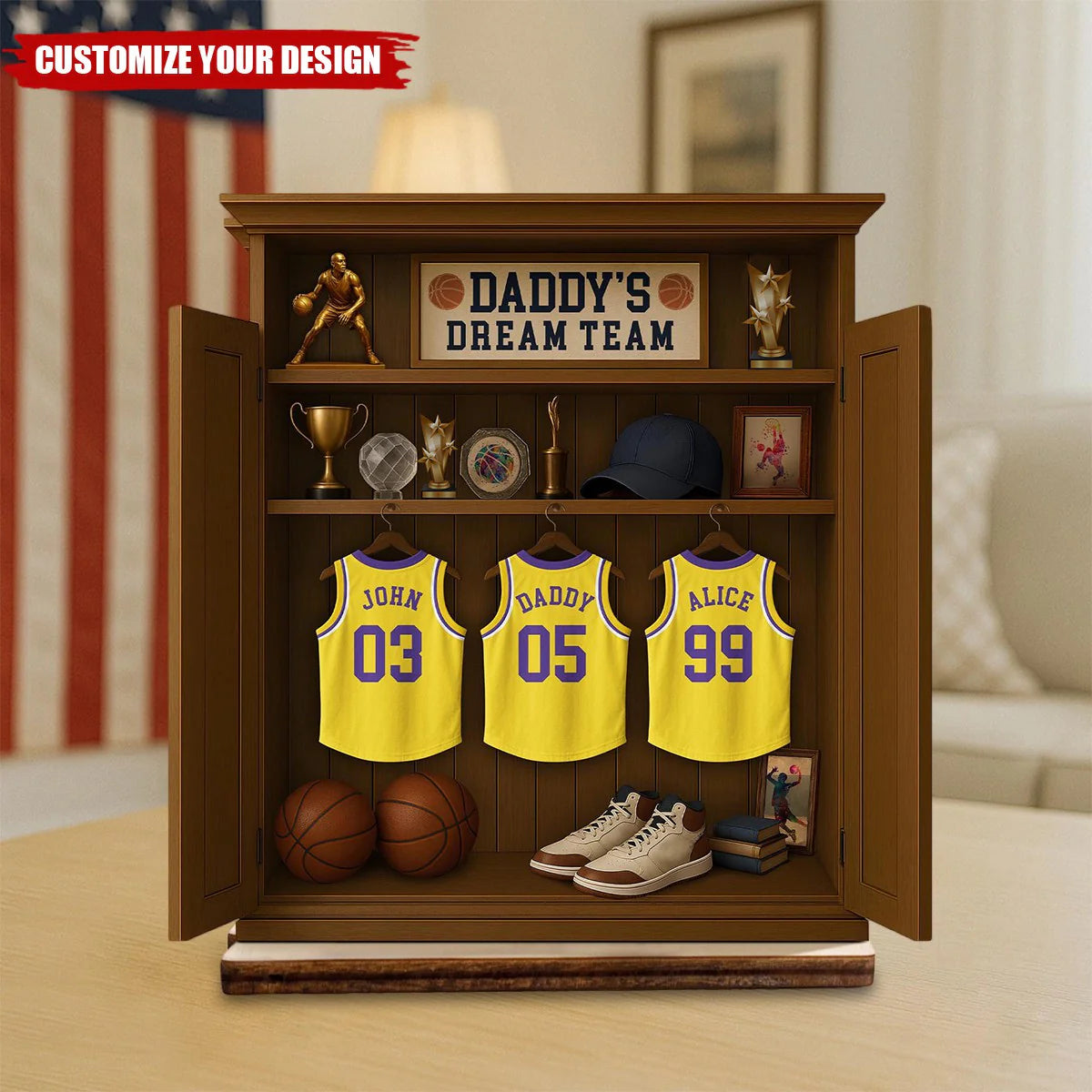 Personalized sports dad wooden plaque featuring basketball jersey design for Father's Day gift image 6