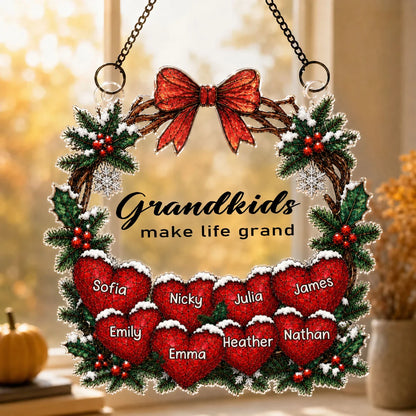 "Grandkids Make Life Grand" Personalized Grandma Suncatcher Ornament - Custom Family Name Christmas Gift Decor