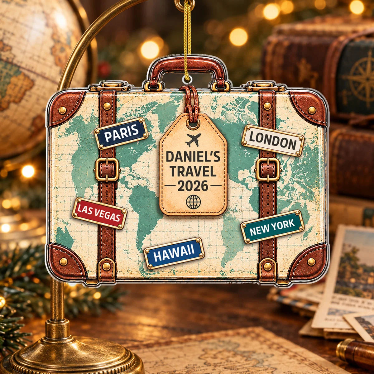 Vintage Travel Suitcase Personalized Acrylic Ornament - Custom Vacation Keepsake for Travelers