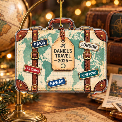 Vintage Travel Suitcase Personalized Acrylic Ornament - Custom Vacation Keepsake for Travelers