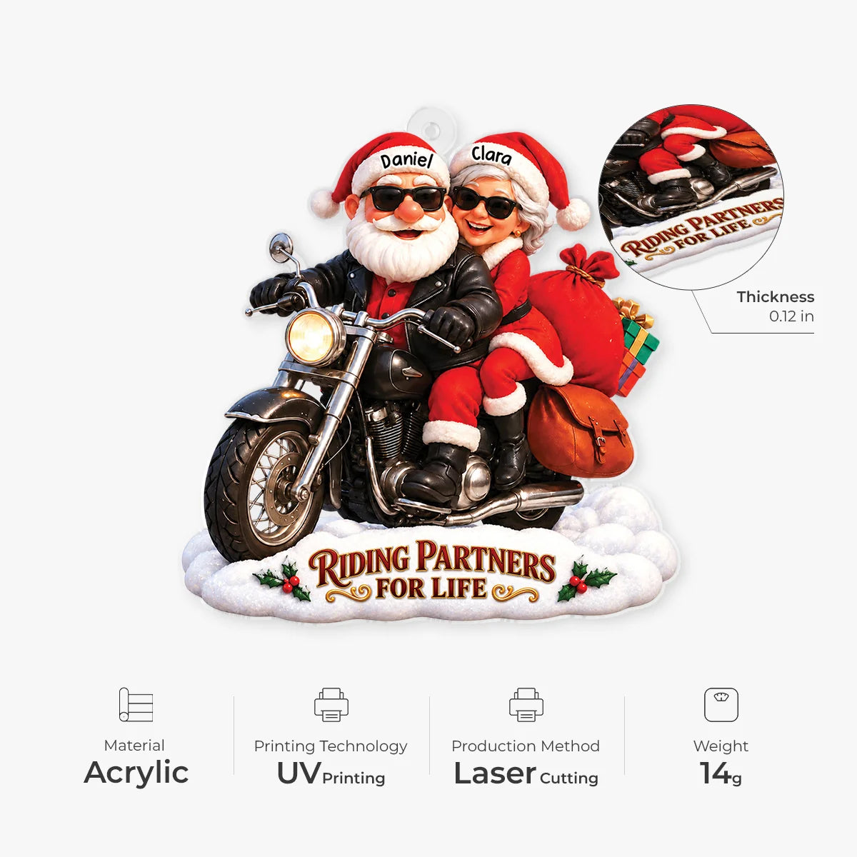 Riding Partners For Life Personalized Couple Acrylic Ornament - Biker Santa Christmas Gift