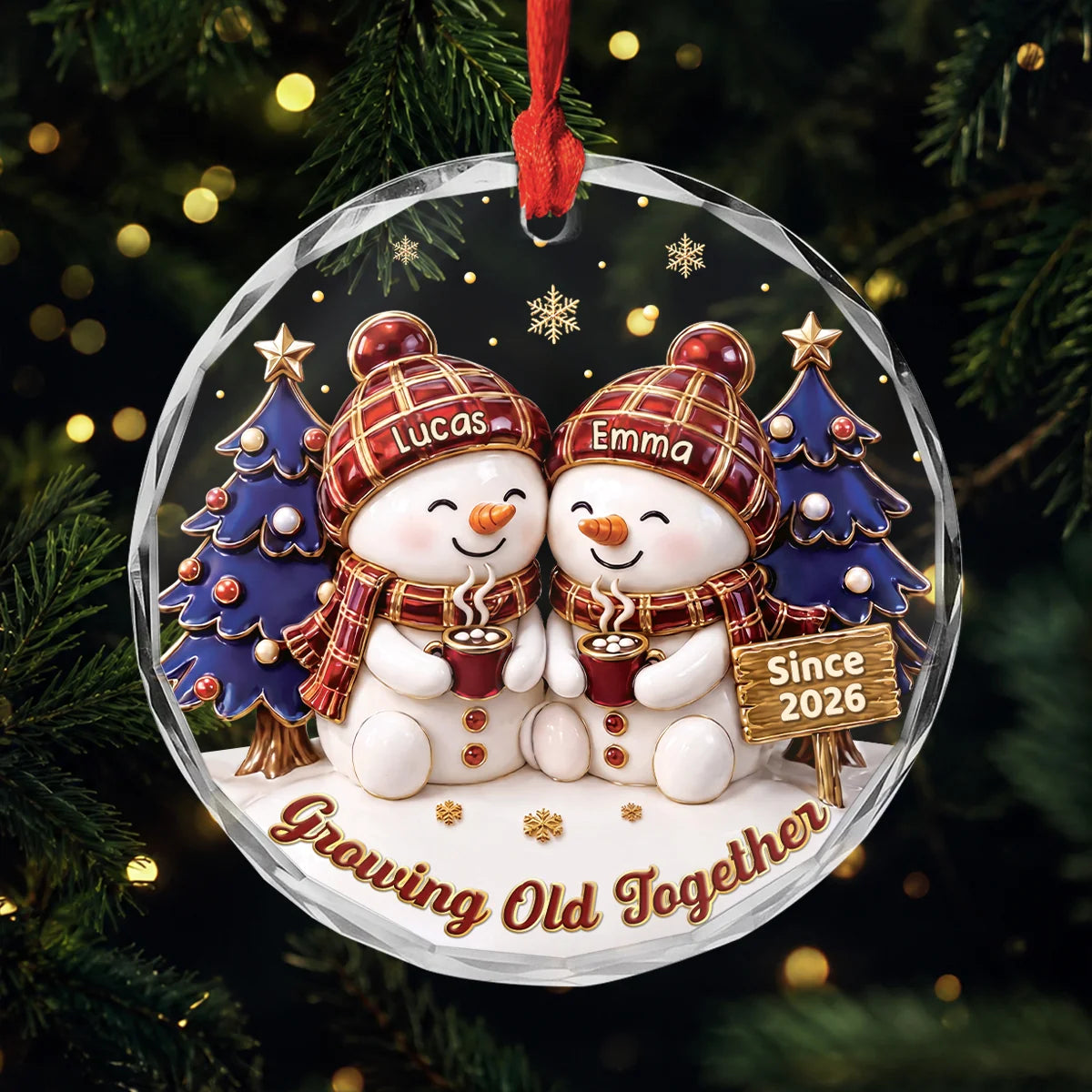 "Growing Old Together" Snowman Couple Personalized Glass Ornament - Custom Christmas Gifts for Husband & Wife