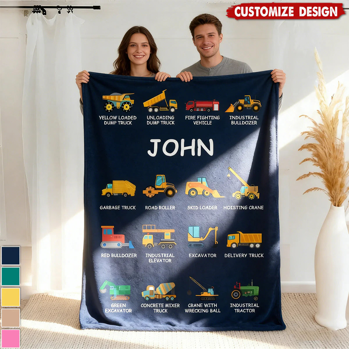 Personalized construction truck blanket featuring custom name and cartoon industrial vehicles for kids and toddlers