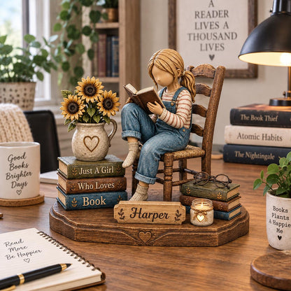 "Just A Girl Who Loves Books" Personalized Wooden Block - Custom Name Reading Gift for Book Lovers