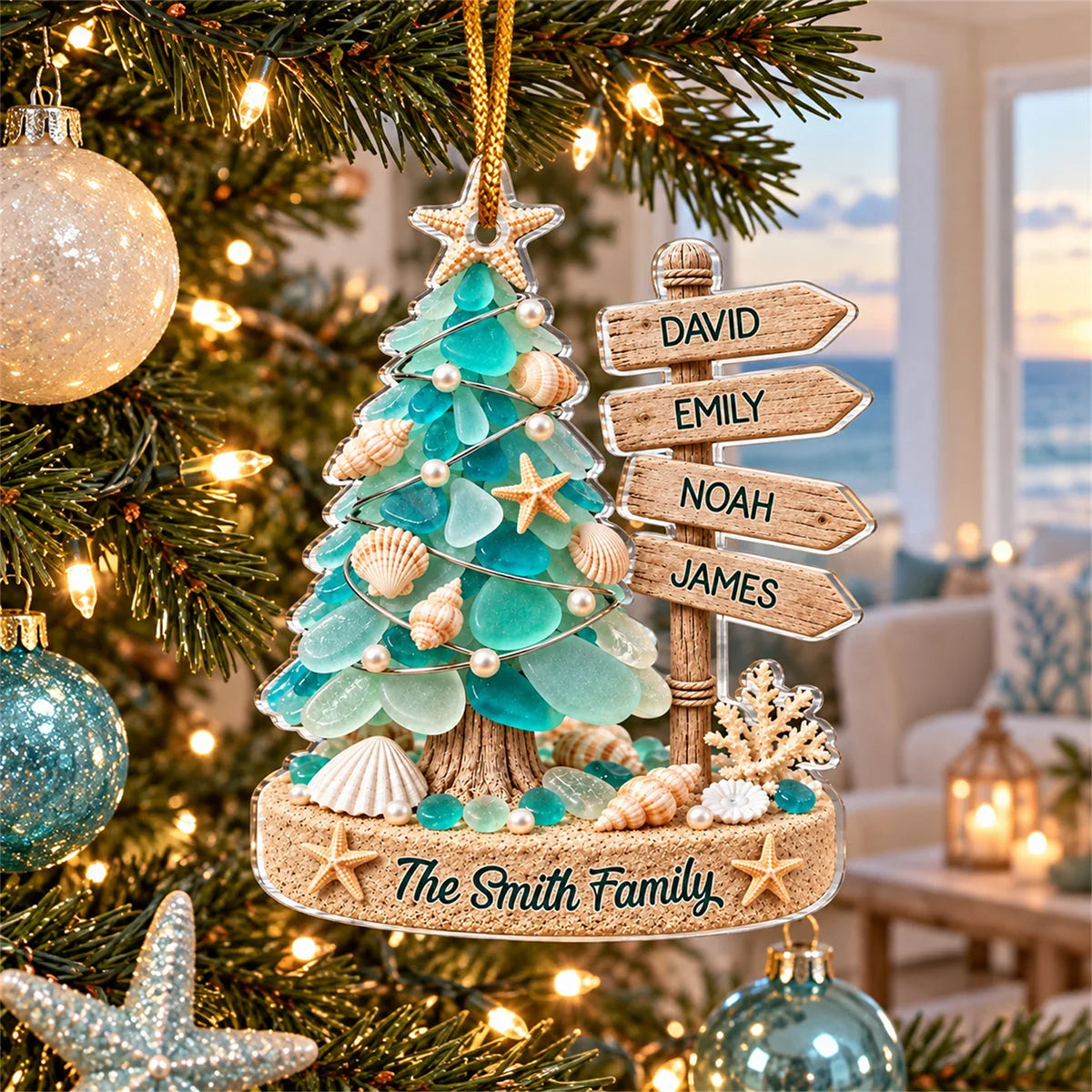 Custom Sea Glass Family Tree Acrylic Ornament - Personalized Christmas Keepsake Gift for Mom, Dad, Brother, and Sister