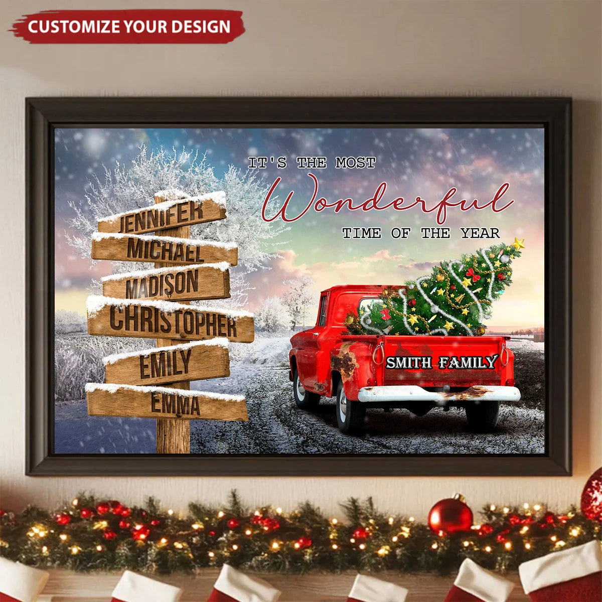 "Family Is The Greatest Christmas Gift" Personalized Canvas / Poster - Custom Vintage Red Truck Wall Art