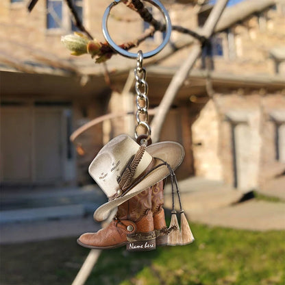 Personalized Cowboy Boots and Hat Keychain - Custom Western Country Key Ring Gift