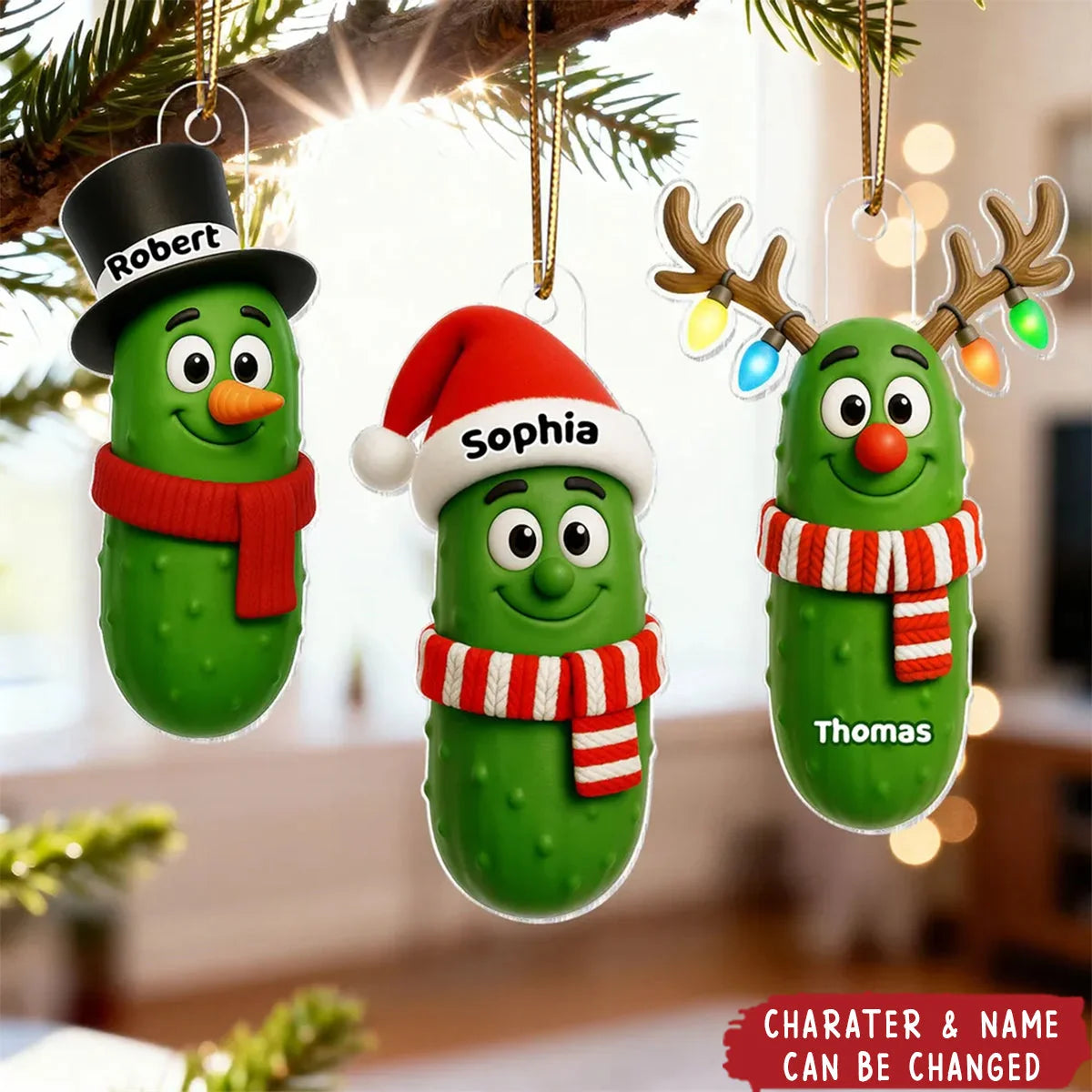 Cute Pickle Characters Personalized Acrylic Ornament - Custom Christmas Keepsake for Family and Kids