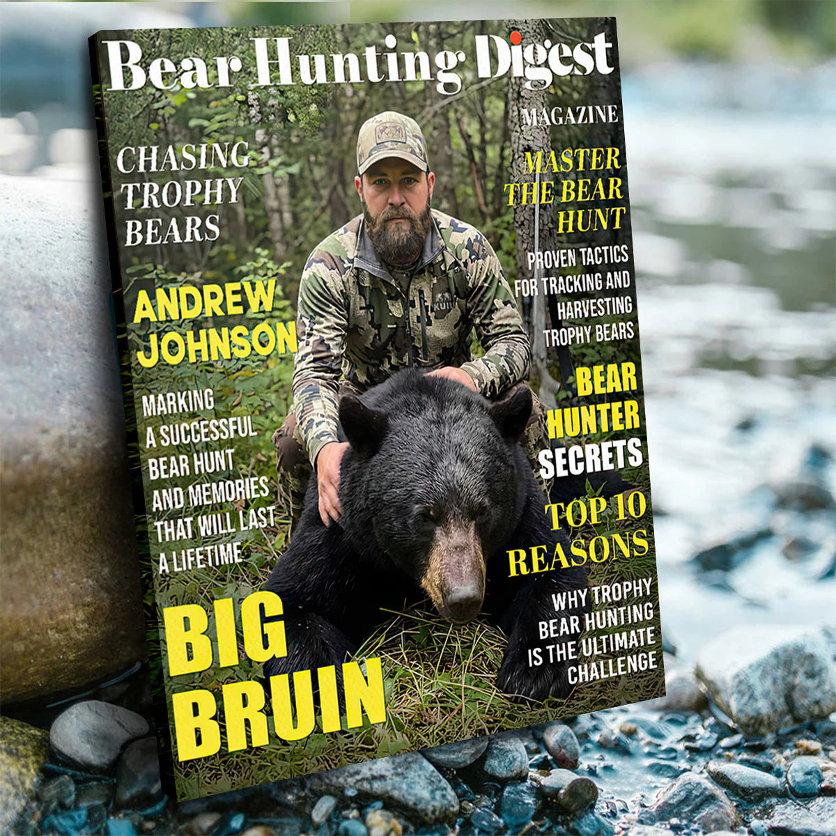 Custom bear hunting canvas print with personalized magazine cover design for hunter gifts